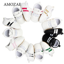 Load image into Gallery viewer, 2020 Baby Shoes Newborn Boys Girls Two Striped First Walkers Kids Toddlers Lace Up PU Leather Soft Soles Sneakers 0-18 Months
