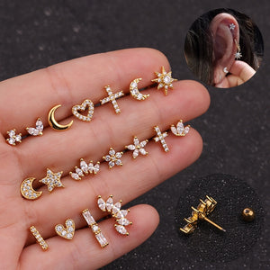 1pc Zircon Star Moon Stainless Steel Flower Small Gold Stud Piercing Earrings For Women Creative Ear Bone Small Puncture Jewelry